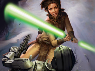Woman holding green lightsaber gun - altermodern free wallpaper