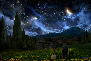 Man field easel painting night - star and a moon free wallpaper