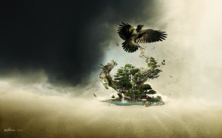 Bird flying small island ocean - fantasy art free wallpaper