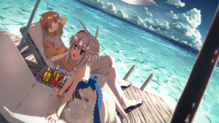 Anime characters sitting boat water - a glass of wine free wallpaper