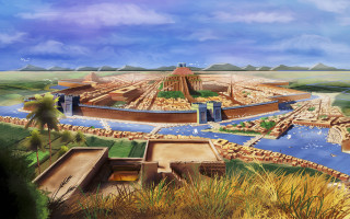 City river bridge painting artwork - matte painting concept art free wallpaper