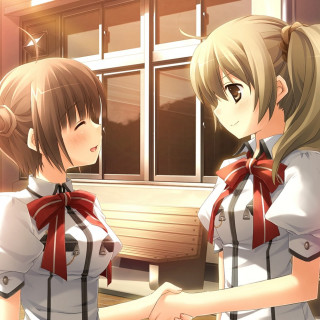 Anime girls window hand holding - near free wallpaper