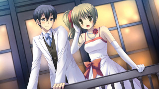 Anime couple balcony together standing - his head in his hands free wallpaper