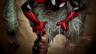Spider man sitting hay holding - his hand and a knife free wallpaper