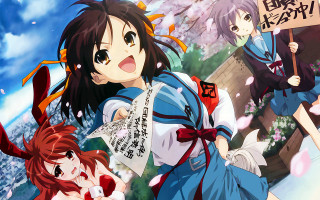 Anime girls sky clouds flowers - poster art free wallpaper