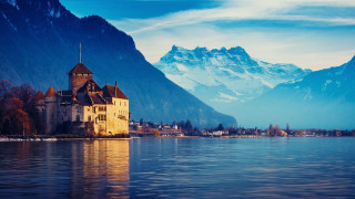 Castle lake mountains blue sky 3 - a castle free wallpaper