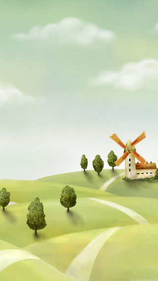 Windmill green field trees road - art free wallpaper