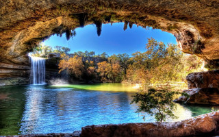 Waterfall cave lake forest scenery - a cave free wallpaper