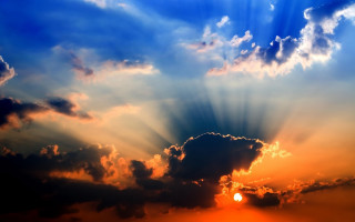 Sunshine clouds beach boat water - crepuscular ray free wallpaper