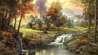 Cabin woods stream deer painting - a painting of a cabin free wallpaper