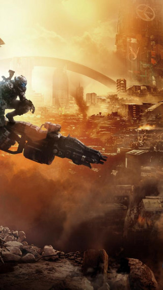 Sci fi character flying city - a sci free wallpaper