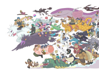 Cartoon group people animals together - different facial expression free wallpaper