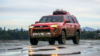 Red suv lake mountains tilt - a.d.m. cooper free wallpaper