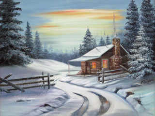 Cabin snow sunset road painting - bob ross free wallpaper