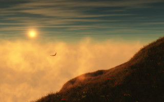 Bird flying hill sun clouds - magic realism free wallpaper