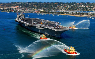 Large ship rainbow background boat - the water behind free wallpaper