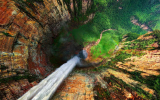 Waterfall mountainside green trees blue - green tree free wallpaper