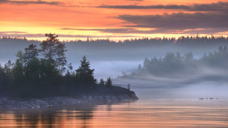 Lake forest fog sunset clouds - a forest in the background free wallpaper