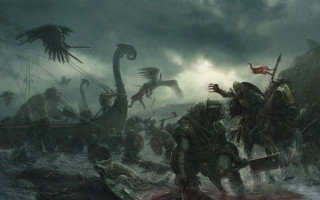 Group people boat water dragon - bastien l. deharme free wallpaper