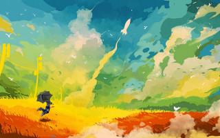 Umbrella girl field flower sky - a matte painting free wallpaper