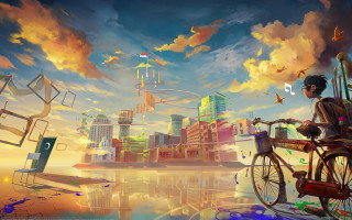 Man bike water city birds - a body of water free wallpaper for desktop