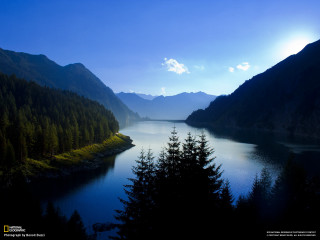 Lake mountains trees blue sky 38 - a matte painting free wallpaper