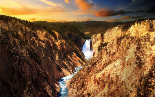 River canyon forest waterfall cloudy - matte painting free wallpaper