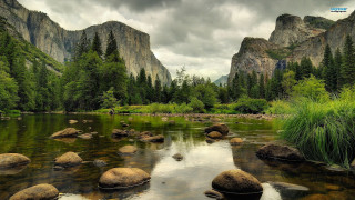 River rocks grass mountains cloudy - ansel adams free wallpaper