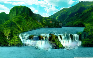 Waterfall lake mountains trees blue - mountain and trees free wallpaper