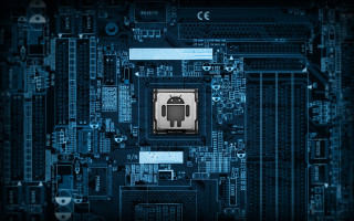 Processor robot blue background cityscape - small free wallpaper