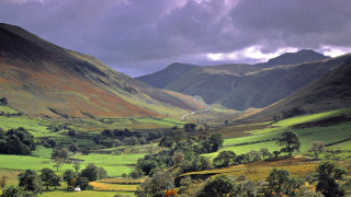 Valley trees mountains clouds cows - a few cow free wallpaper