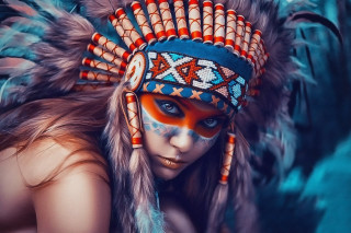 Woman feather headdress psychedelic photorealistic - psychedelic art free wallpaper