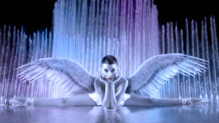 Woman white wings fountain rainbow - the ground in front free wallpaper