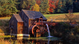 Water mill waterfall house trees - a house in the background free wallpaper