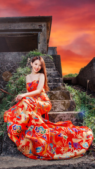Red dress sitting portrait sunset - portrait photography free wallpaper