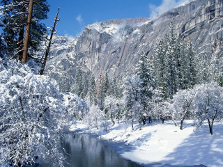 River snow trees mountain blue - alson s. clark free wallpaper