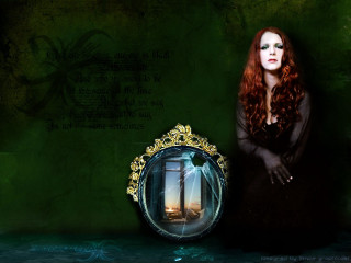 Woman red hair mirror forest - pre free wallpaper