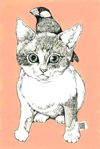 Cat bird on head bird - beatrix potter free wallpaper