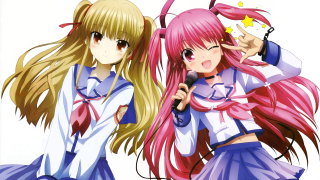 Pink haired anime girls microphones - one hand free wallpaper