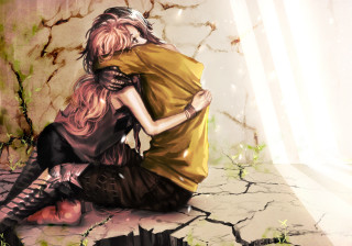 Woman hugging man anime plant - her arm free wallpaper