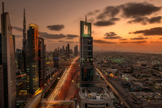 City skyline sunset cars road - a few car free wallpaper