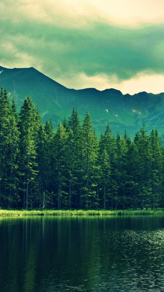 Lake trees mountains cloudy sky 4 - a green sky free wallpaper
