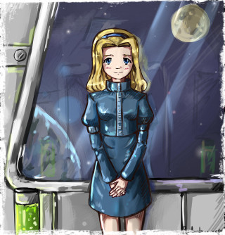 Cartoon woman blue dress window - retrofuturism free wallpaper