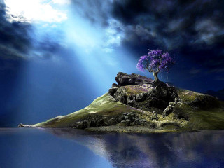 Tree island purple sky clouds - a matte painting free wallpaper