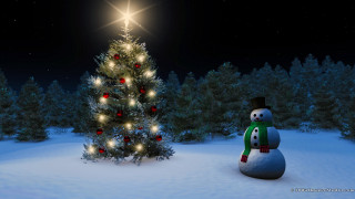 Snowman christmas tree star lights - naive art free wallpaper for desktop