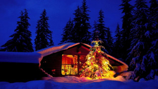Christmas tree cabin snow night 3 - evgeny lushpin free wallpaper