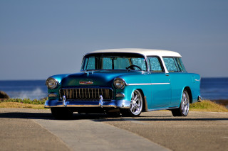 Blue white car ocean road - car free wallpaper