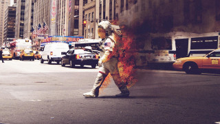 Man walking street fire extinguisher - surreal photography free wallpaper