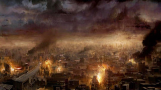 City smoke flames buildings painting - apocalyptic free wallpaper