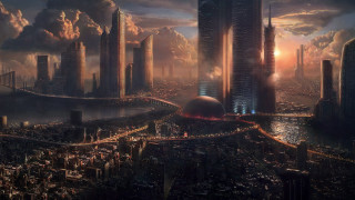 Futuristic city bridge river sunset - futuristic free wallpaper